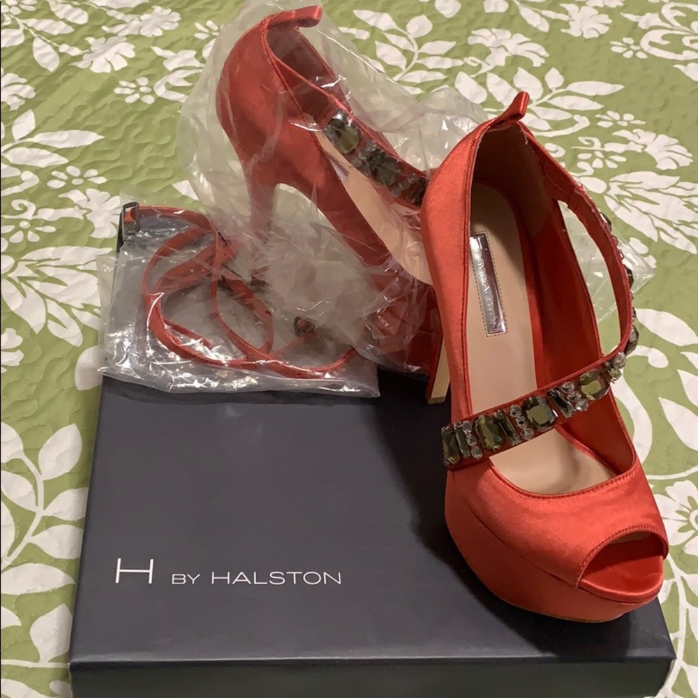 Coral satin heels by: Halston